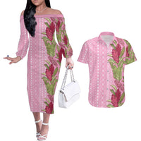 Women's Day Samoa Malu Tattoo Inspired Mix Teuila Couples Matching Off The Shoulder Long Sleeve Dress and Hawaiian Shirt Rose Pink LT7 Rose Pink - Polynesian Pride