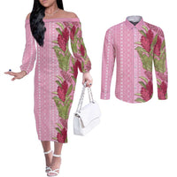 Women's Day Samoa Malu Tattoo Inspired Mix Teuila Couples Matching Off The Shoulder Long Sleeve Dress and Long Sleeve Button Shirt Rose Pink LT7 Rose Pink - Polynesian Pride