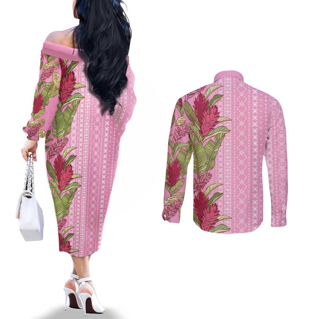 Women's Day Samoa Malu Tattoo Inspired Mix Teuila Couples Matching Off The Shoulder Long Sleeve Dress and Long Sleeve Button Shirt Rose Pink LT7 - Polynesian Pride
