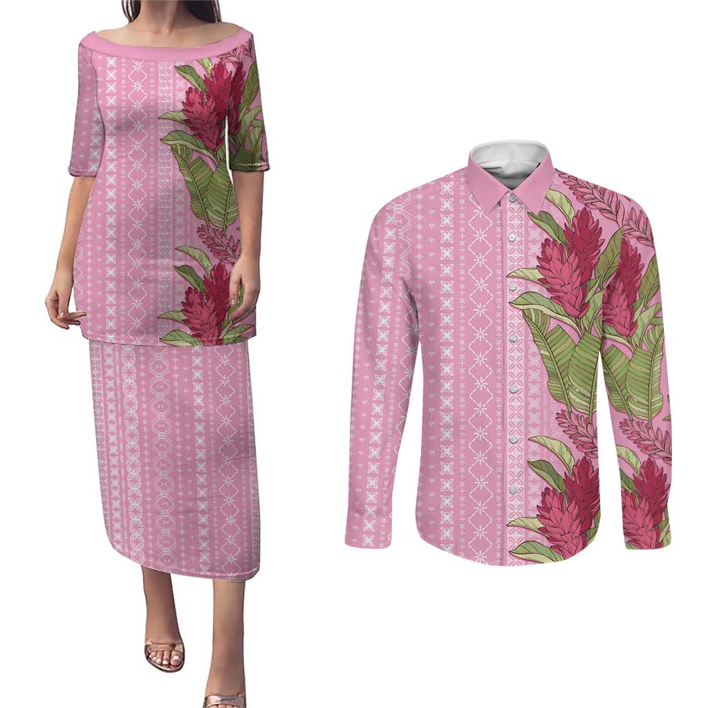 Women's Day Samoa Malu Tattoo Inspired Mix Teuila Couples Matching Puletasi and Long Sleeve Button Shirt Rose Pink
