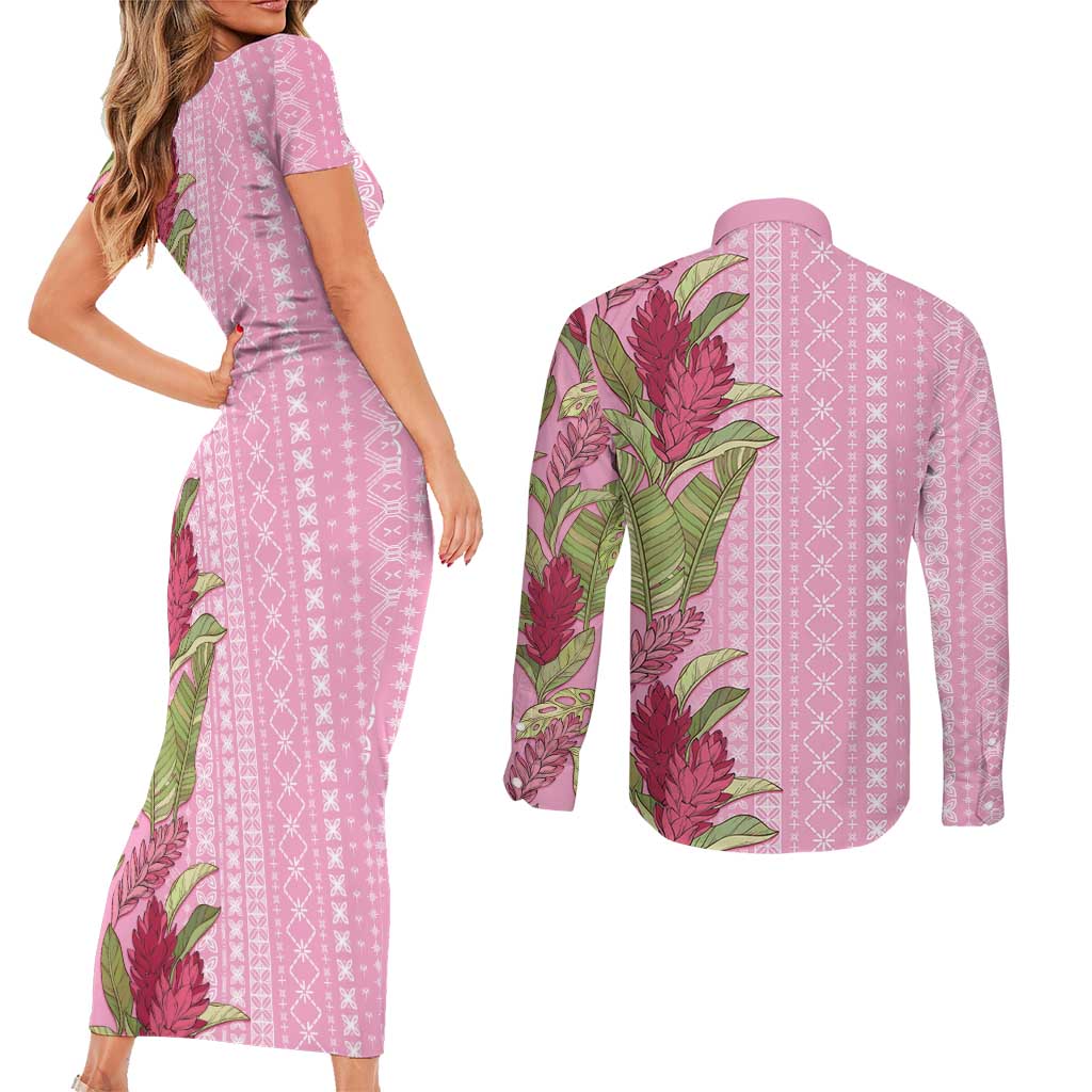 Women's Day Samoa Malu Tattoo Inspired Mix Teuila Couples Matching Short Sleeve Bodycon Dress and Long Sleeve Button Shirt Rose Pink LT7 - Polynesian Pride