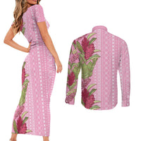 Women's Day Samoa Malu Tattoo Inspired Mix Teuila Couples Matching Short Sleeve Bodycon Dress and Long Sleeve Button Shirt Rose Pink LT7 - Polynesian Pride