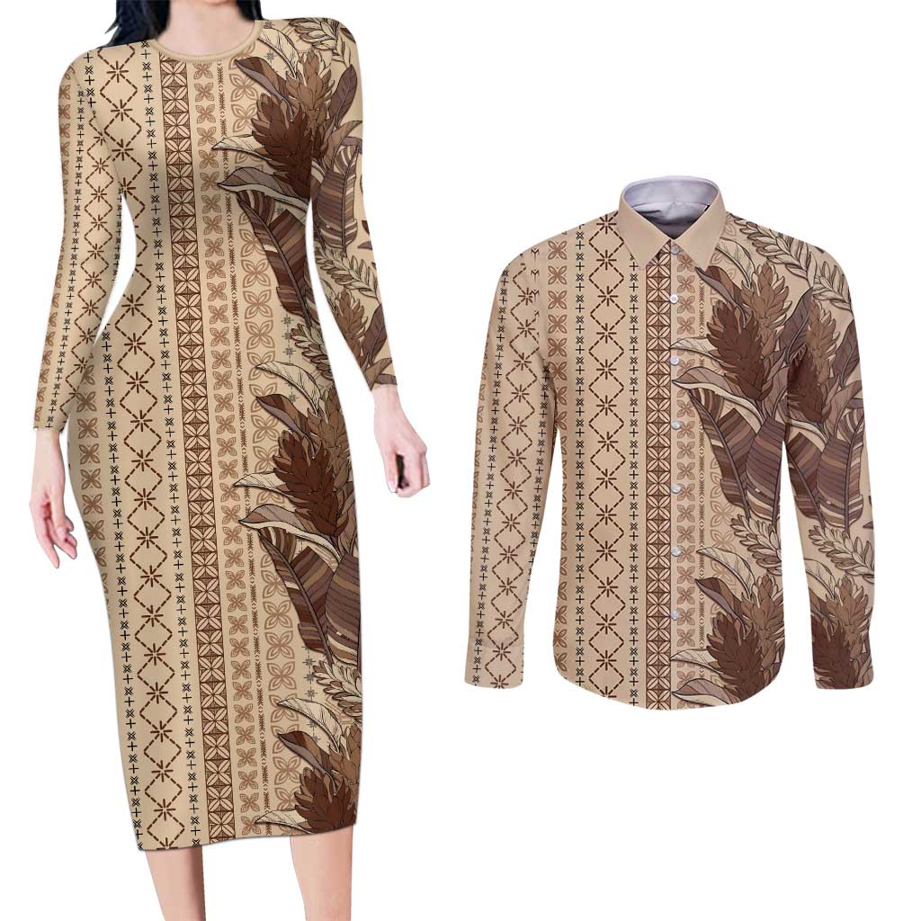 Women's Day Samoa Malu Tattoo Inspired Mix Teuila Couples Matching Long Sleeve Bodycon Dress and Long Sleeve Button Shirt Vintage Tapa LT7 Beige - Polynesian Pride