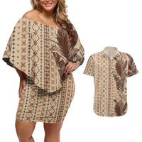 Women's Day Samoa Malu Tattoo Inspired Mix Teuila Couples Matching Off Shoulder Short Dress and Hawaiian Shirt Vintage Tapa LT7 Beige - Polynesian Pride