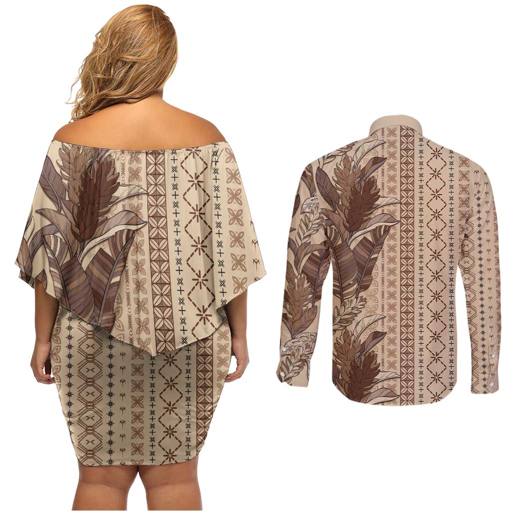 Women's Day Samoa Malu Tattoo Inspired Mix Teuila Couples Matching Off Shoulder Short Dress and Long Sleeve Button Shirt Vintage Tapa LT7 - Polynesian Pride