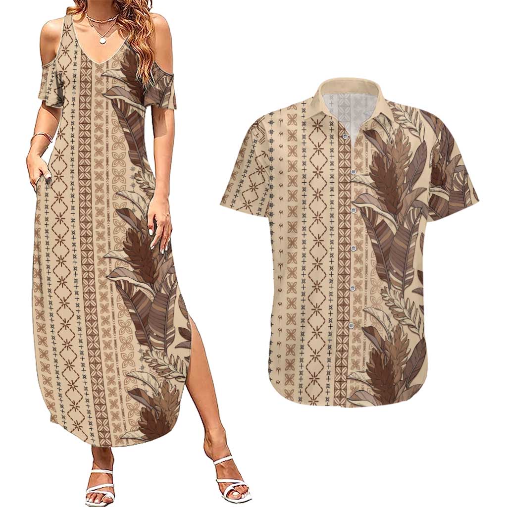 Women's Day Samoa Malu Tattoo Inspired Mix Teuila Couples Matching Summer Maxi Dress and Hawaiian Shirt Vintage Tapa LT7 Beige - Polynesian Pride