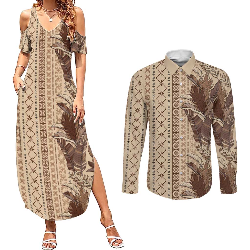 Women's Day Samoa Malu Tattoo Inspired Mix Teuila Couples Matching Summer Maxi Dress and Long Sleeve Button Shirt Vintage Tapa LT7 Beige - Polynesian Pride