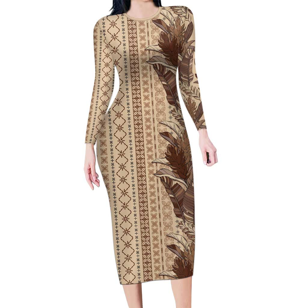 Women's Day Samoa Malu Tattoo Inspired Mix Teuila Long Sleeve Bodycon Dress Vintage Tapa LT7 Long Dress Beige - Polynesian Pride
