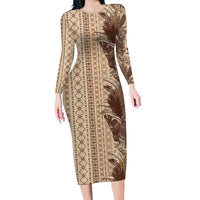 Women's Day Samoa Malu Tattoo Inspired Mix Teuila Long Sleeve Bodycon Dress Vintage Tapa LT7 Long Dress Beige - Polynesian Pride