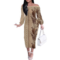 Women's Day Samoa Malu Tattoo Inspired Mix Teuila Off The Shoulder Long Sleeve Dress Vintage Tapa LT7 Women Beige - Polynesian Pride