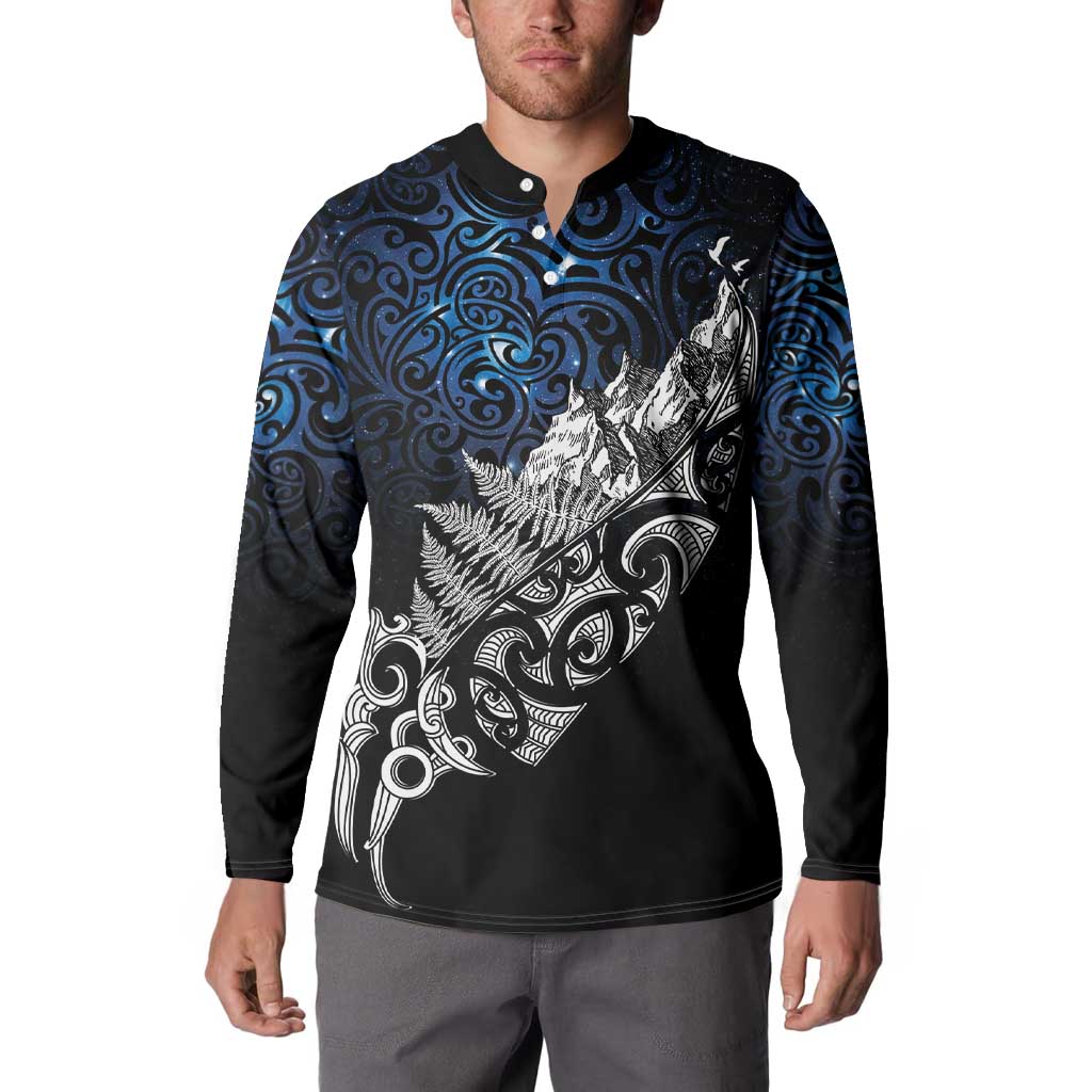 Maori Matariki Button Sweatshirt Landscape Styled Fern - Galaxy