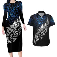 Maori Matariki Couples Matching Long Sleeve Bodycon Dress and Hawaiian Shirt Landscape Styled Fern - Galaxy LT7 Black - Polynesian Pride