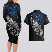 Maori Matariki Couples Matching Long Sleeve Bodycon Dress and Hawaiian Shirt Landscape Styled Fern - Galaxy LT7 - Polynesian Pride