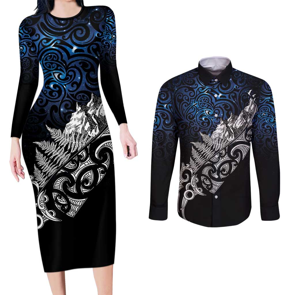 Maori Matariki Couples Matching Long Sleeve Bodycon Dress and Long Sleeve Button Shirt Landscape Styled Fern - Galaxy LT7 Black - Polynesian Pride
