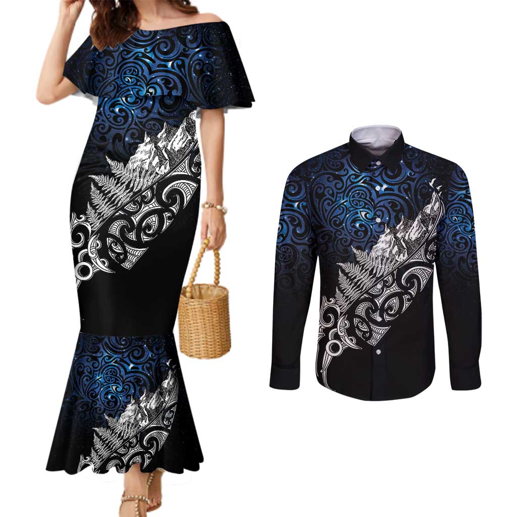 Maori Matariki Couples Matching Mermaid Dress and Long Sleeve Button Shirt Landscape Styled Fern - Galaxy LT7 Black - Polynesian Pride