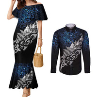 Maori Matariki Couples Matching Mermaid Dress and Long Sleeve Button Shirt Landscape Styled Fern - Galaxy LT7 Black - Polynesian Pride