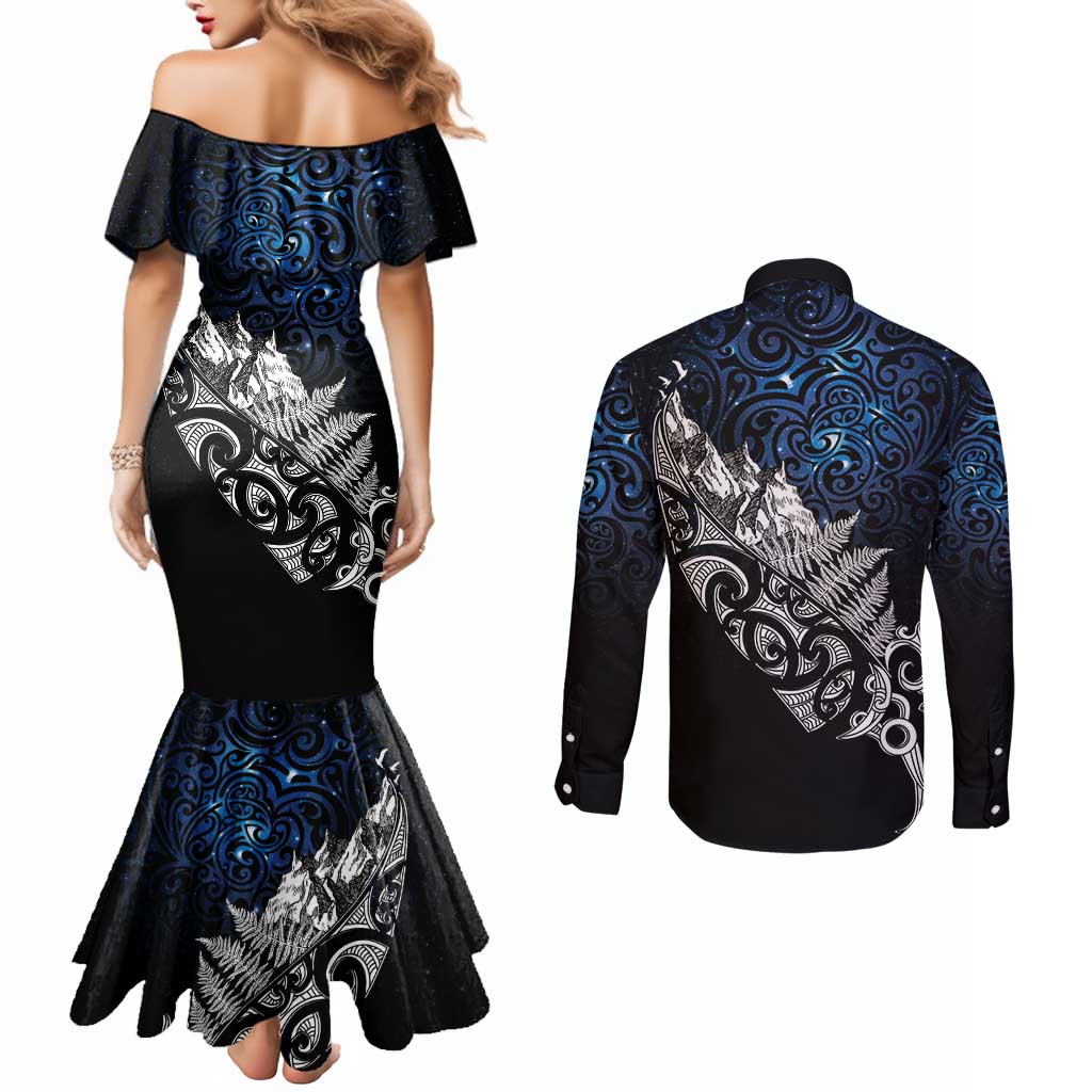 Maori Matariki Couples Matching Mermaid Dress and Long Sleeve Button Shirt Landscape Styled Fern - Galaxy LT7 - Polynesian Pride