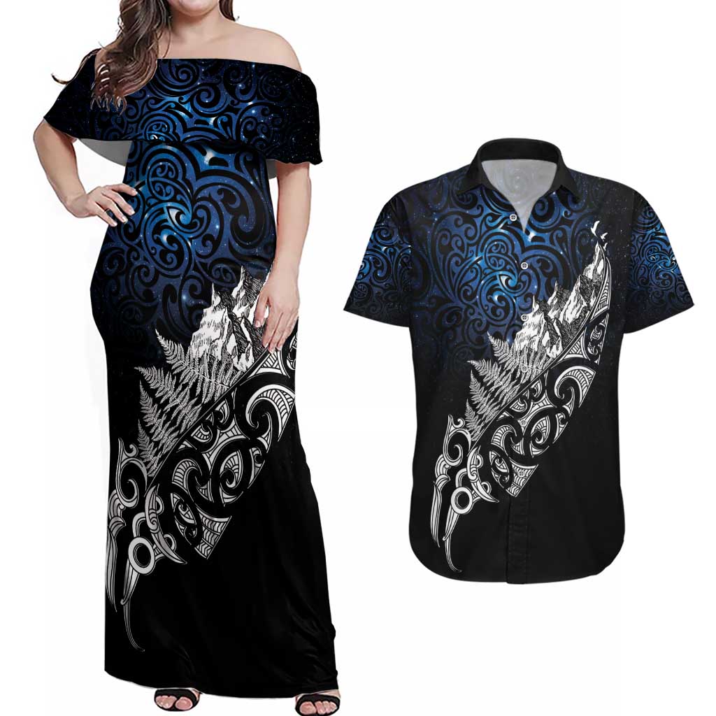 Maori Matariki Couples Matching Off Shoulder Maxi Dress and Hawaiian Shirt Landscape Styled Fern - Galaxy LT7 Black - Polynesian Pride