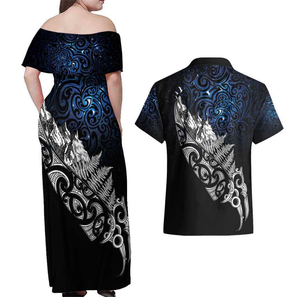Maori Matariki Couples Matching Off Shoulder Maxi Dress and Hawaiian Shirt Landscape Styled Fern - Galaxy LT7 - Polynesian Pride