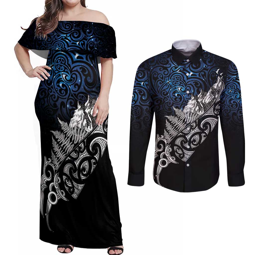Maori Matariki Couples Matching Off Shoulder Maxi Dress and Long Sleeve Button Shirt Landscape Styled Fern - Galaxy LT7 Black - Polynesian Pride