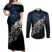 Maori Matariki Couples Matching Off Shoulder Maxi Dress and Long Sleeve Button Shirt Landscape Styled Fern - Galaxy LT7 Black - Polynesian Pride