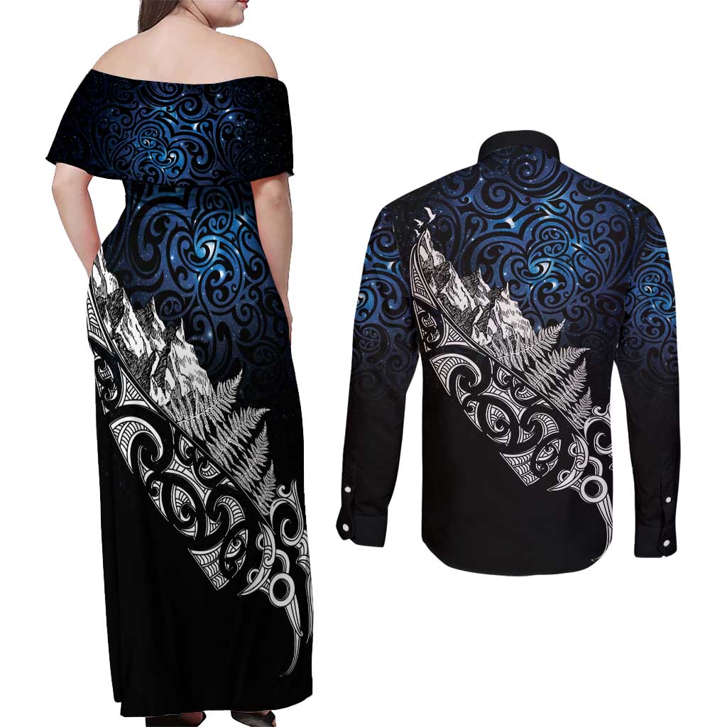 Maori Matariki Couples Matching Off Shoulder Maxi Dress and Long Sleeve Button Shirt Landscape Styled Fern - Galaxy LT7 - Polynesian Pride