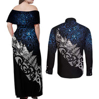 Maori Matariki Couples Matching Off Shoulder Maxi Dress and Long Sleeve Button Shirt Landscape Styled Fern - Galaxy LT7 - Polynesian Pride