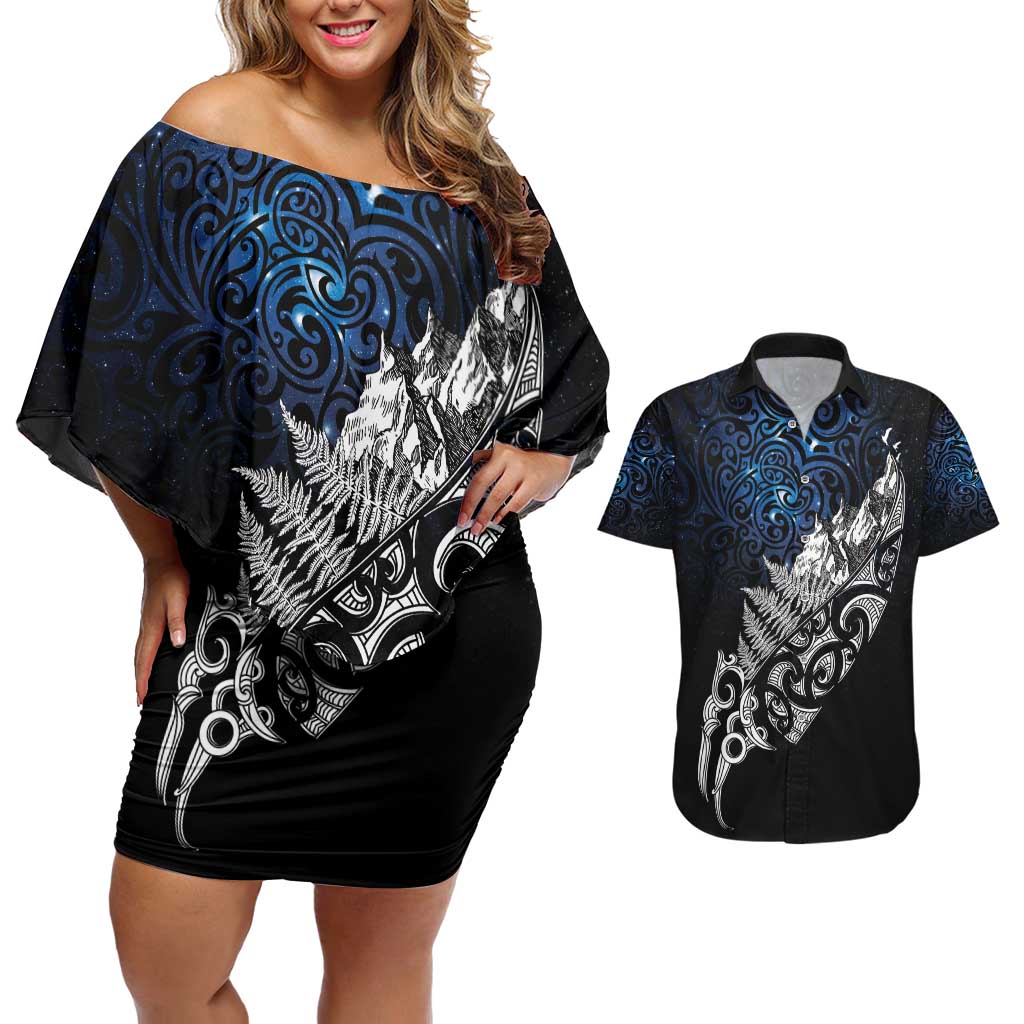 Maori Matariki Couples Matching Off Shoulder Short Dress and Hawaiian Shirt Landscape Styled Fern - Galaxy LT7 Black - Polynesian Pride