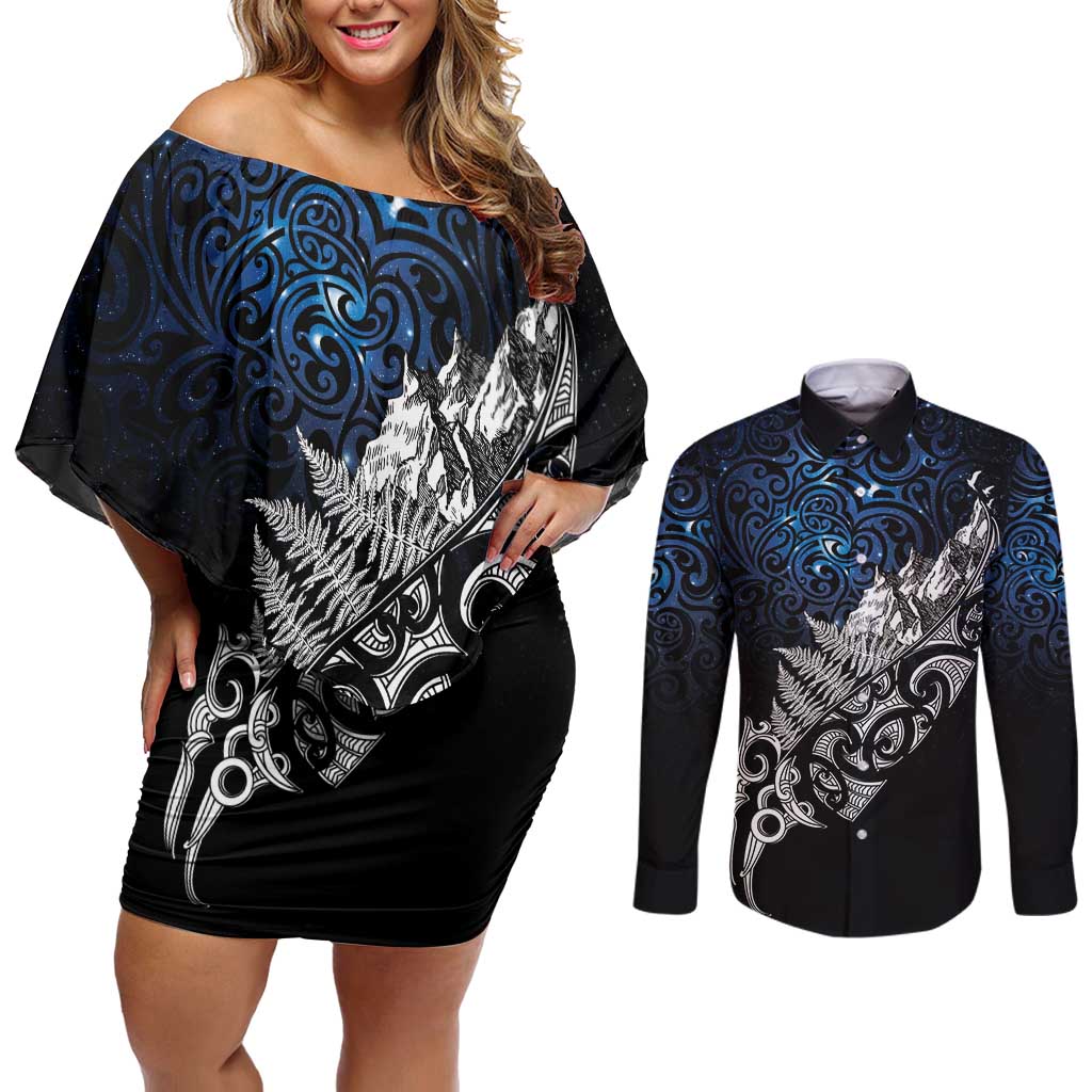 Maori Matariki Couples Matching Off Shoulder Short Dress and Long Sleeve Button Shirt Landscape Styled Fern - Galaxy LT7 Black - Polynesian Pride