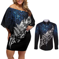 Maori Matariki Couples Matching Off Shoulder Short Dress and Long Sleeve Button Shirt Landscape Styled Fern - Galaxy LT7 Black - Polynesian Pride
