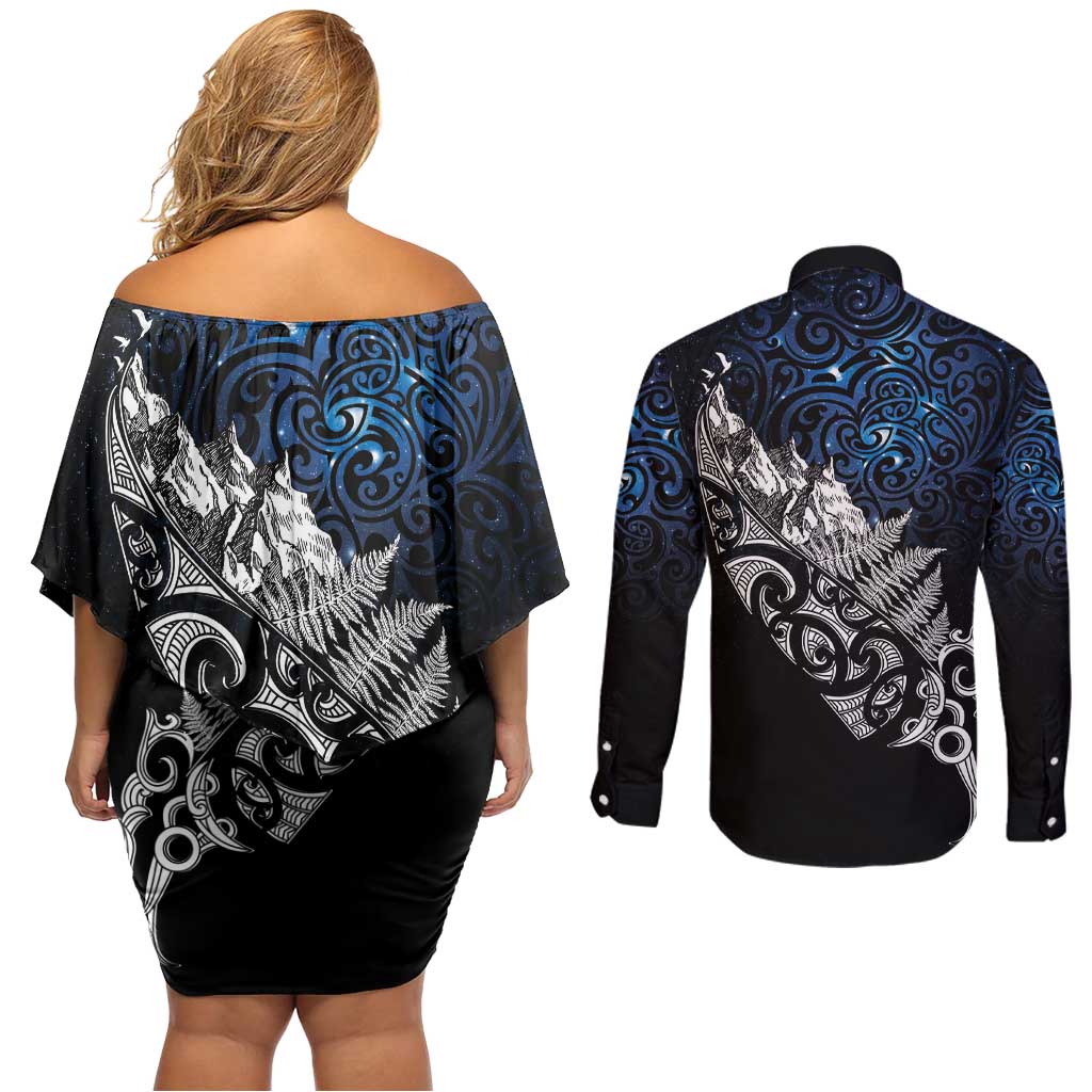 Maori Matariki Couples Matching Off Shoulder Short Dress and Long Sleeve Button Shirt Landscape Styled Fern - Galaxy LT7 - Polynesian Pride