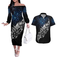 Maori Matariki Couples Matching Off The Shoulder Long Sleeve Dress and Hawaiian Shirt Landscape Styled Fern - Galaxy LT7 Black - Polynesian Pride