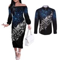 Maori Matariki Couples Matching Off The Shoulder Long Sleeve Dress and Long Sleeve Button Shirt Landscape Styled Fern - Galaxy LT7 Black - Polynesian Pride