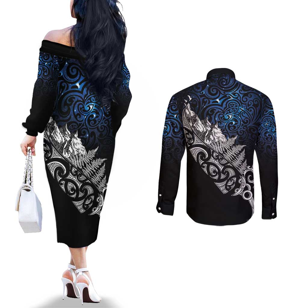 Maori Matariki Couples Matching Off The Shoulder Long Sleeve Dress and Long Sleeve Button Shirt Landscape Styled Fern - Galaxy LT7 - Polynesian Pride