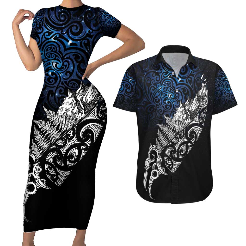 Maori Matariki Couples Matching Short Sleeve Bodycon Dress and Hawaiian Shirt Landscape Styled Fern - Galaxy LT7 Black - Polynesian Pride