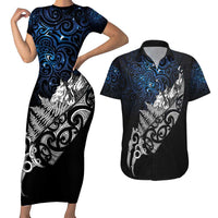 Maori Matariki Couples Matching Short Sleeve Bodycon Dress and Hawaiian Shirt Landscape Styled Fern - Galaxy LT7 Black - Polynesian Pride