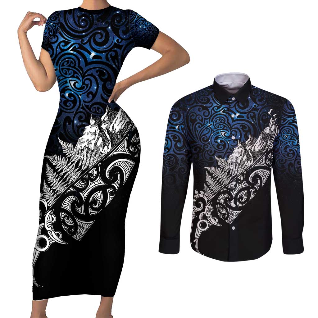 Maori Matariki Couples Matching Short Sleeve Bodycon Dress and Long Sleeve Button Shirt Landscape Styled Fern - Galaxy LT7 Black - Polynesian Pride