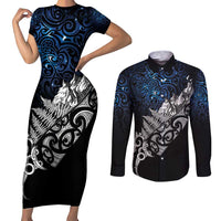 Maori Matariki Couples Matching Short Sleeve Bodycon Dress and Long Sleeve Button Shirt Landscape Styled Fern - Galaxy LT7 Black - Polynesian Pride