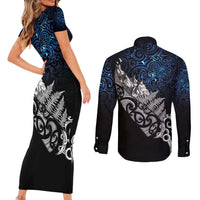 Maori Matariki Couples Matching Short Sleeve Bodycon Dress and Long Sleeve Button Shirt Landscape Styled Fern - Galaxy LT7 - Polynesian Pride