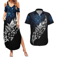 Maori Matariki Couples Matching Summer Maxi Dress and Hawaiian Shirt Landscape Styled Fern - Galaxy LT7 Black - Polynesian Pride
