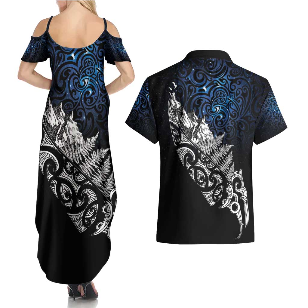 Maori Matariki Couples Matching Summer Maxi Dress and Hawaiian Shirt Landscape Styled Fern - Galaxy LT7 - Polynesian Pride