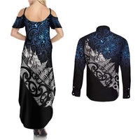 Maori Matariki Couples Matching Summer Maxi Dress and Long Sleeve Button Shirt Landscape Styled Fern - Galaxy LT7 - Polynesian Pride
