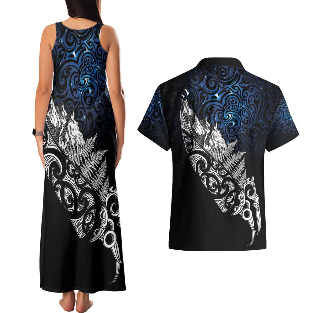 Maori Matariki Couples Matching Tank Maxi Dress and Hawaiian Shirt Landscape Styled Fern - Galaxy LT7 - Polynesian Pride