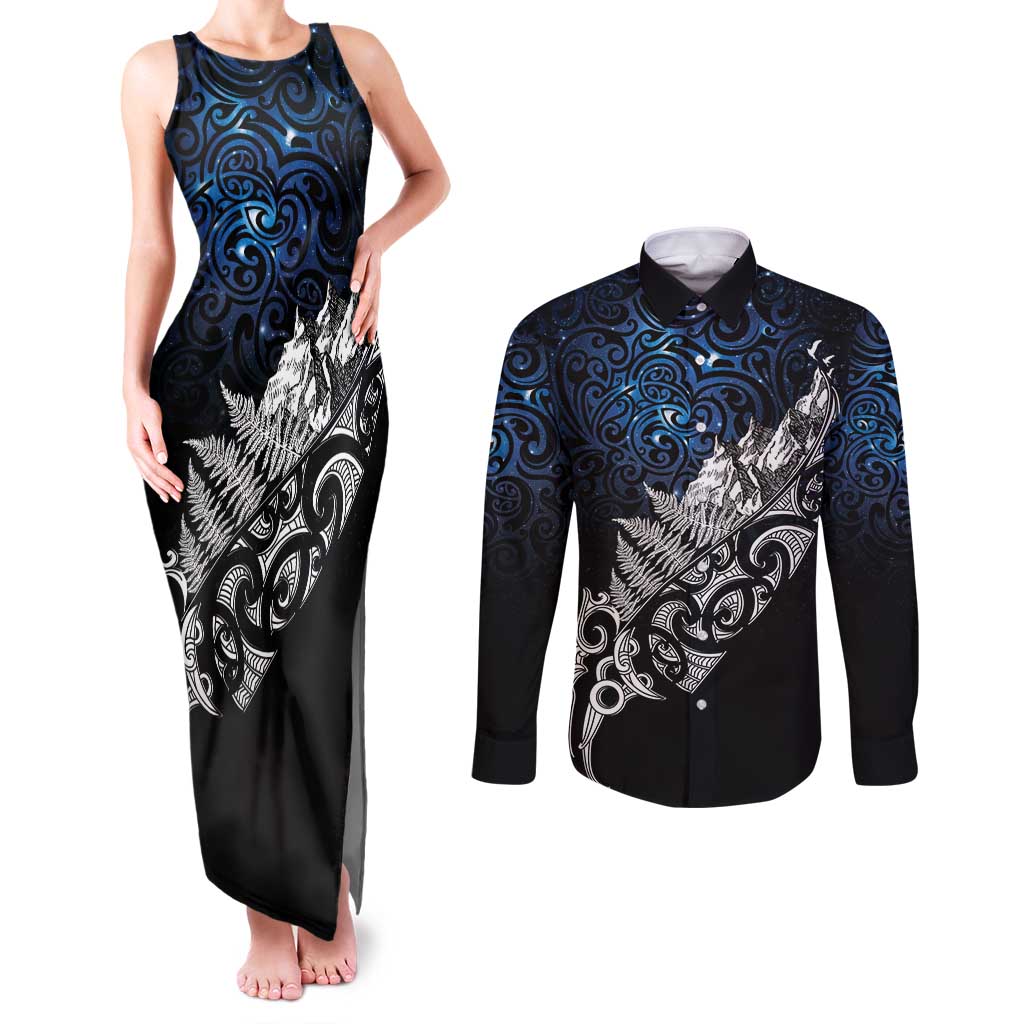Maori Matariki Couples Matching Tank Maxi Dress and Long Sleeve Button Shirt Landscape Styled Fern - Galaxy LT7 Black - Polynesian Pride