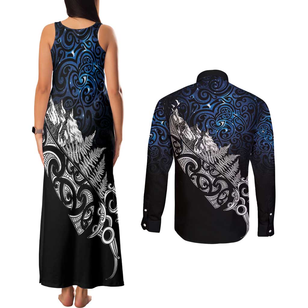 Maori Matariki Couples Matching Tank Maxi Dress and Long Sleeve Button Shirt Landscape Styled Fern - Galaxy LT7 - Polynesian Pride