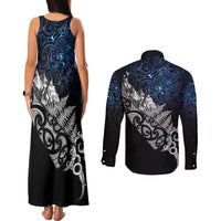 Maori Matariki Couples Matching Tank Maxi Dress and Long Sleeve Button Shirt Landscape Styled Fern - Galaxy LT7 - Polynesian Pride