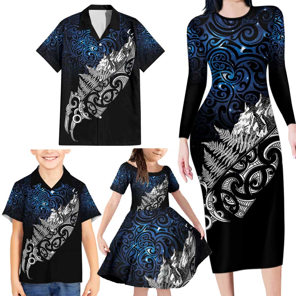 Maori Matariki Family Matching Long Sleeve Bodycon Dress and Hawaiian Shirt Landscape Styled Fern - Galaxy LT7 - Polynesian Pride