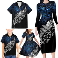 Maori Matariki Family Matching Long Sleeve Bodycon Dress and Hawaiian Shirt Landscape Styled Fern - Galaxy LT7 - Polynesian Pride