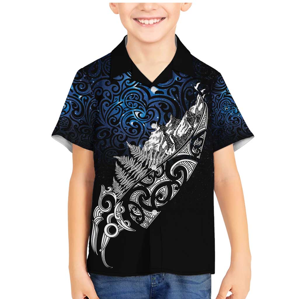 Maori Matariki Family Matching Mermaid Dress and Hawaiian Shirt Landscape Styled Fern - Galaxy LT7 Son's Shirt Black - Polynesian Pride