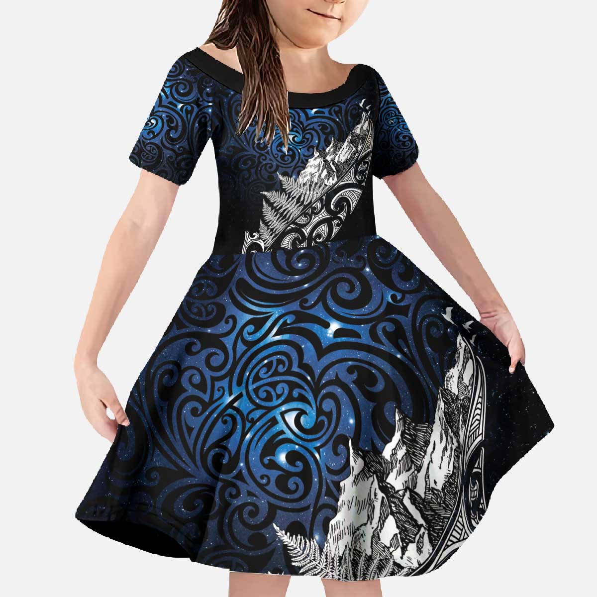 Maori Matariki Family Matching Off The Shoulder Long Sleeve Dress and Hawaiian Shirt Landscape Styled Fern - Galaxy LT7 Daughter's Dress Black - Polynesian Pride